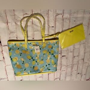 Trina Turk Lemon Print Tote Bag w/ Matching Wristlet | New w/ Tags